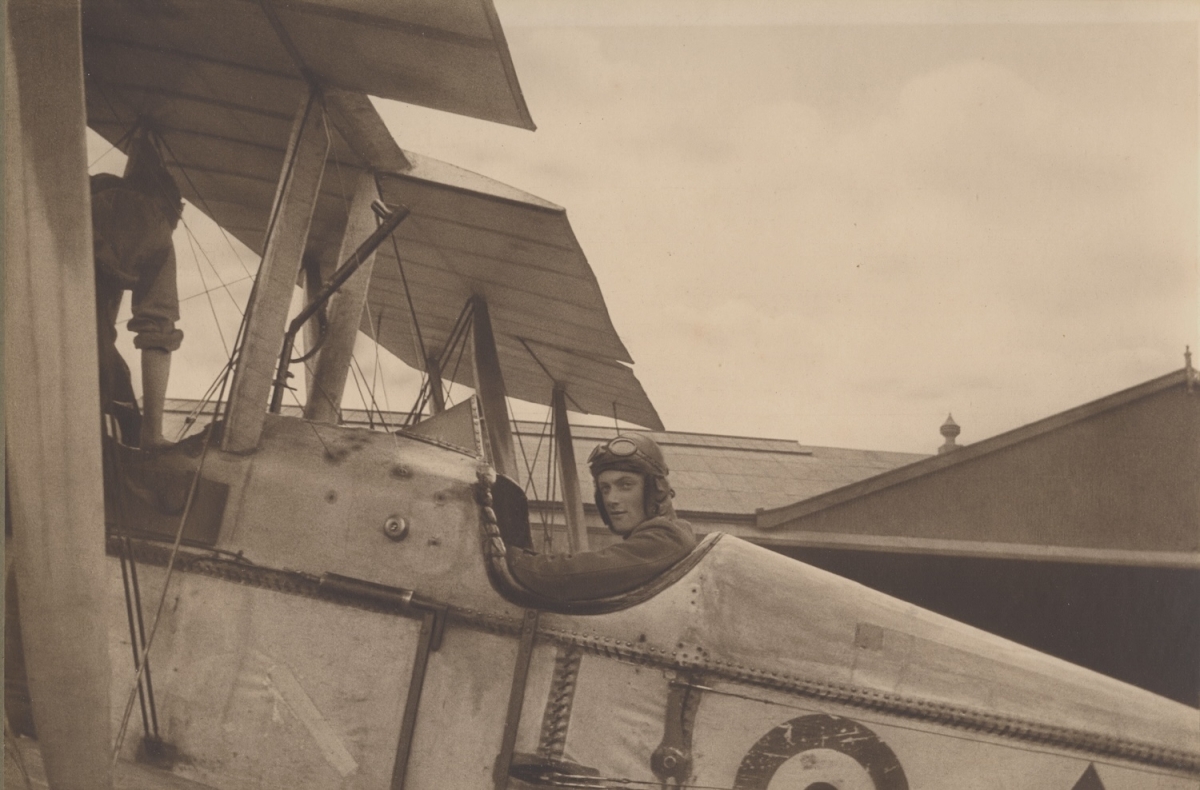 Anonymous - Cocky British Pilot in Cockpit of His Aircraft, a B.E.2 Biplane